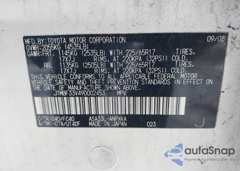 2009 Toyota Rav4 z USA, uszkodzony, nr VIN JTMBF33V49D002453